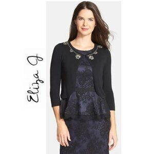 ELIZA J, black cropped cardigan with crystal details, size: large